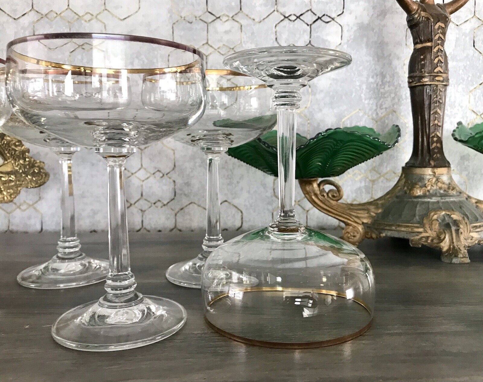 Antik? Art Déco Stil 6 Gläser Champagnerschalen Glas Goldrand Lausitzer? Crystal