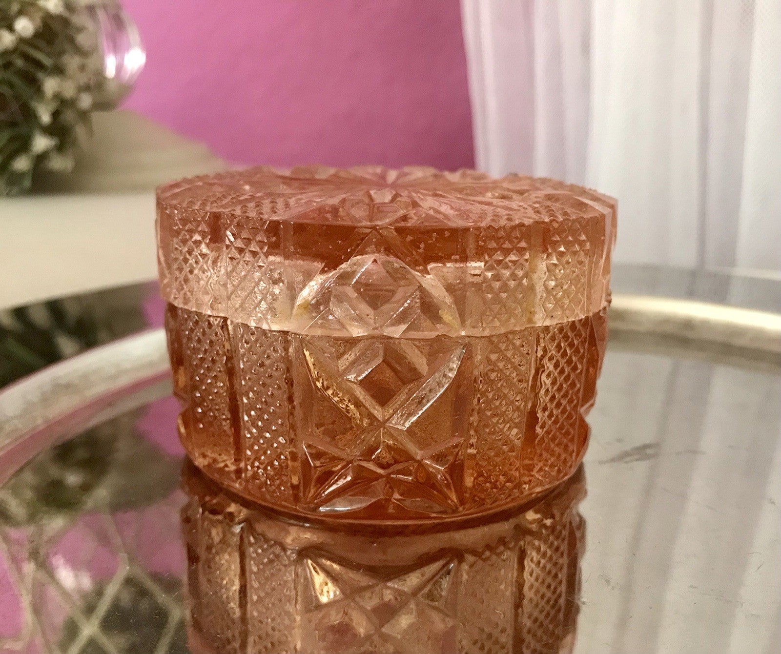 Antik Art Déco Dose Deckeldose Zierdose Pressglas Rosalin rosa Glas