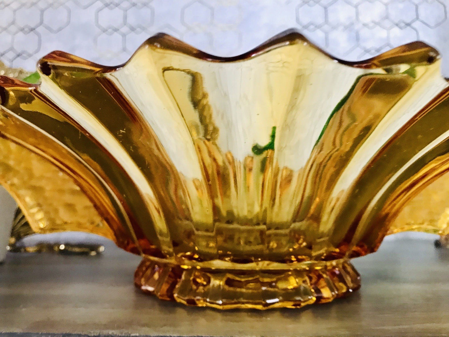 Antik Art Déco gelb Pressglas Schale Glas Brockwitz Prismen Fruchtschale 1941