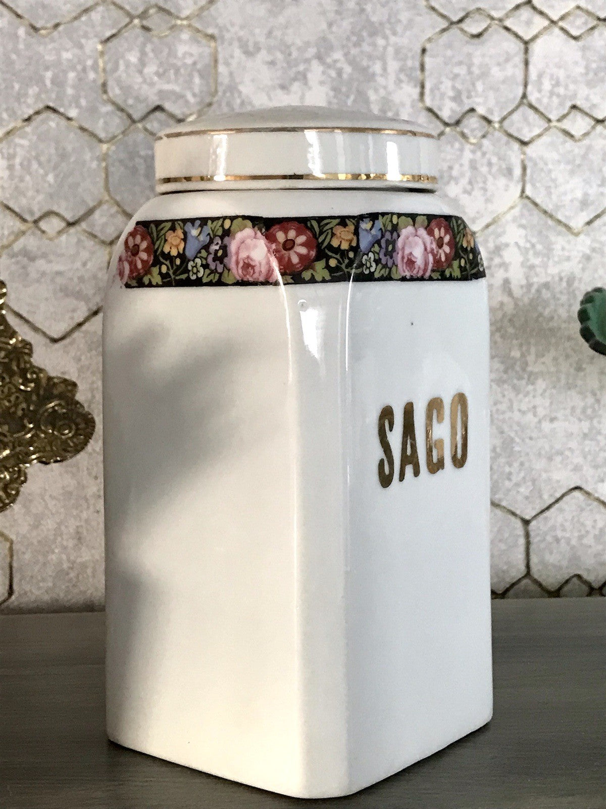 Antik Porzellan Dose Vorratsgefäß Vorratsdose Sago Blumenborte Art Déco