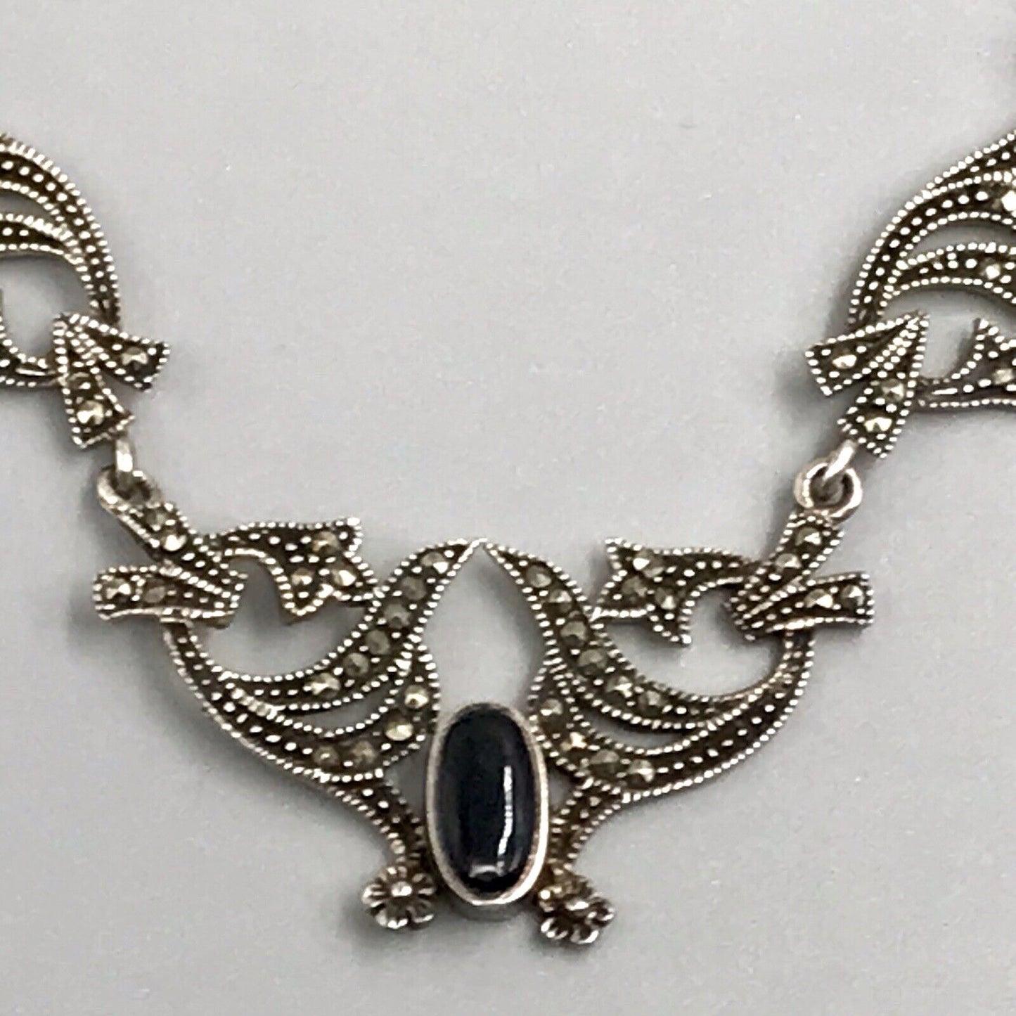 Antik Edel Jugendstil Art Déco 925 Silber Collier Halskette mit Onyx & Markasite