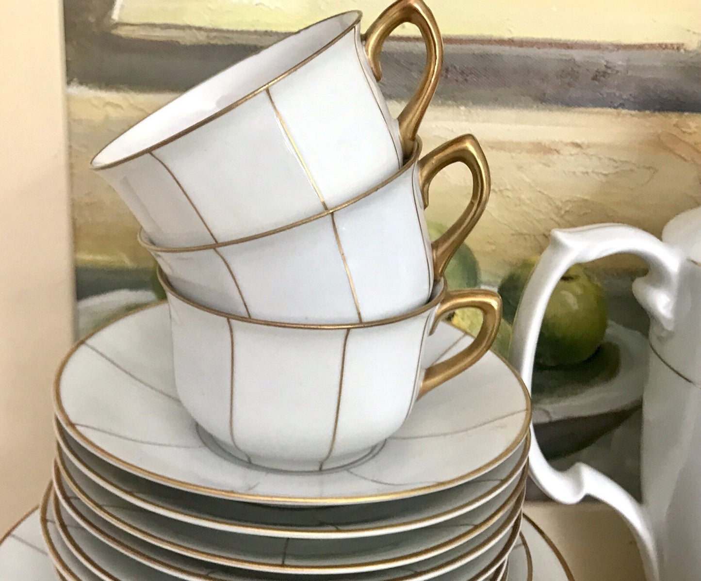 Antik Art Déco Porzellan 10+ Personen Kaffeeservice EDEL weiß Golddekor kantig