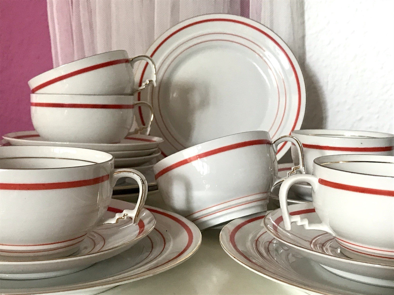 Antik Art Déco Porzellan Kaffeeservice weiß rot orange gemarkt deutsch Bauhaus