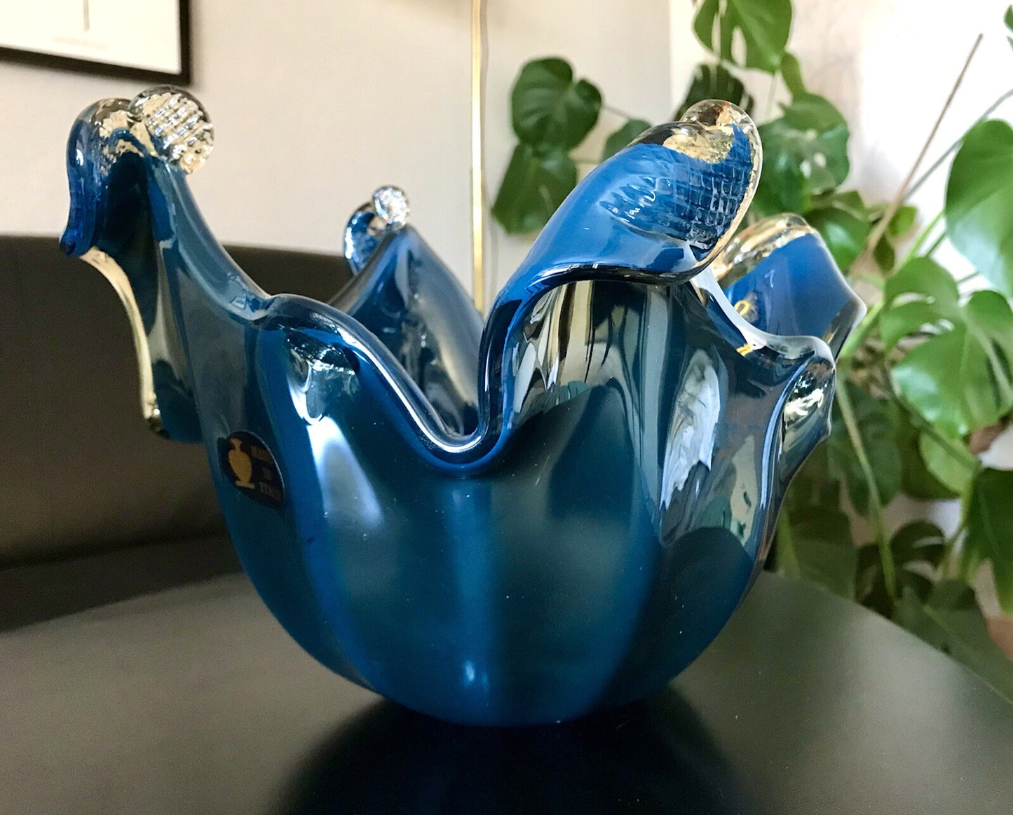 Vintage Murano Schale Vase Glas Petrol Blau metallic irisierend Edel Aufkleber