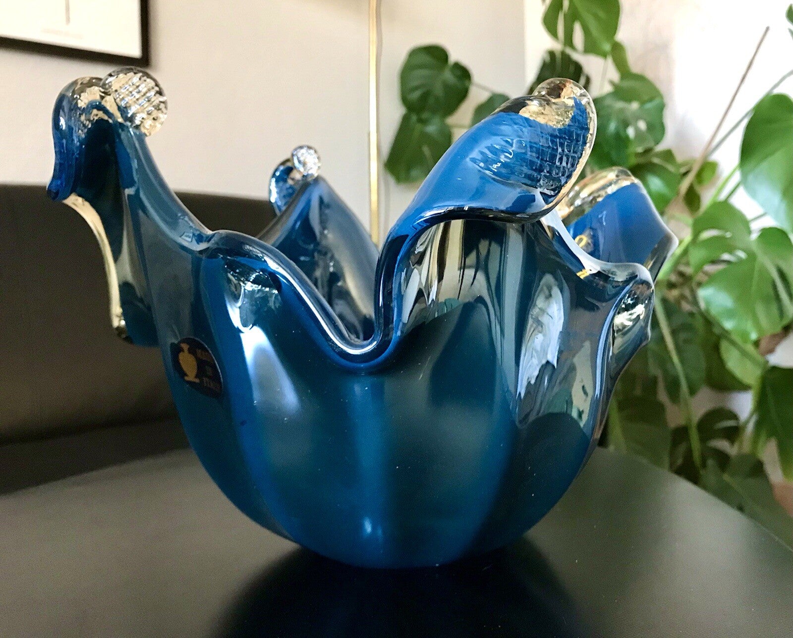 Vintage Murano Schale Vase Glas Petrol Blau metallic irisierend Edel Aufkleber