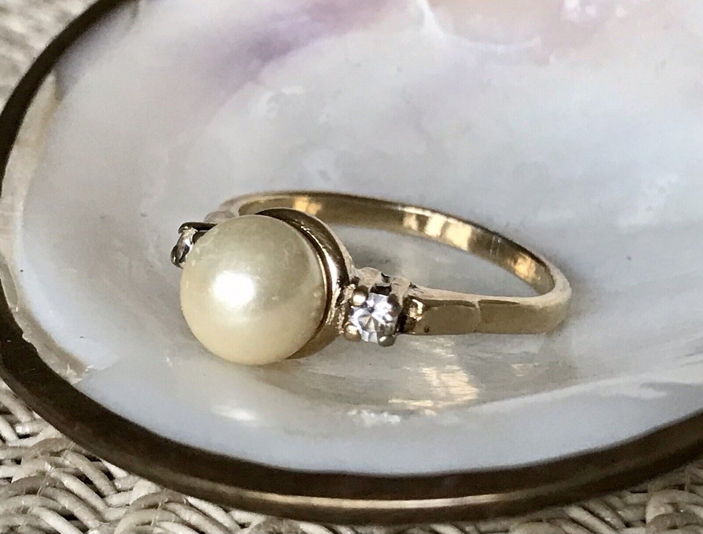 Antik Alt Edel DAMEN RING Silber 925 Perle farblose Steine Gr.58 18,4 vergoldet