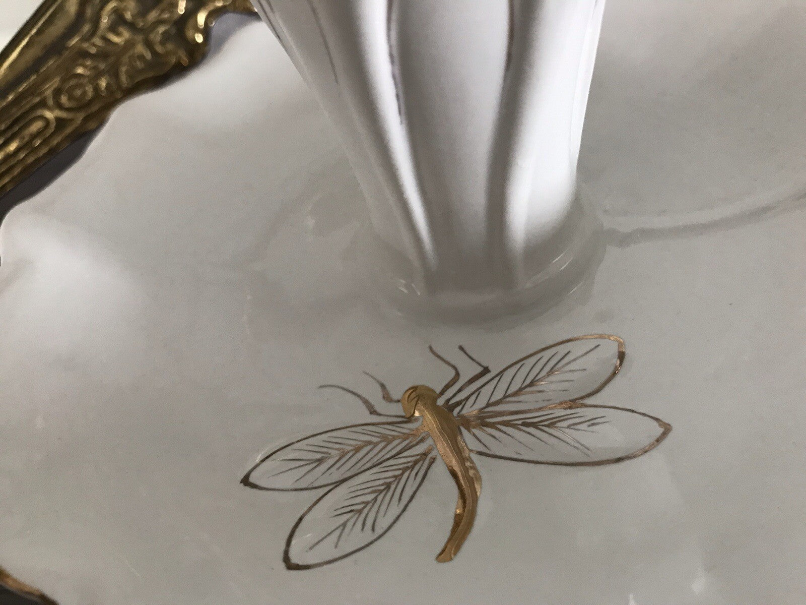 Antik reines Jugendstil Porzellan Kammerleuchter Leuchter weiß gold Libelle