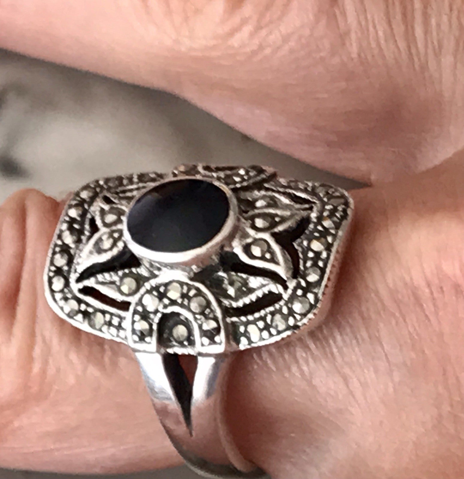 Antik Art Déco Damen Schiffchen Ring 925 Silber Gr.60 Onyx Markasite