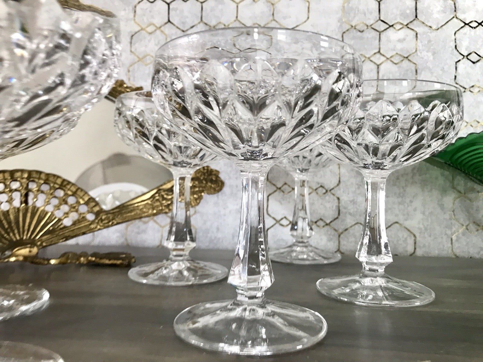 Vintage 9x Champagnerschalen Sektschalen Kristallglas Schliff Bleikristall