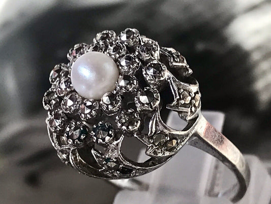 Antik Edel DAMEN Entourage RING Silber 835 Perle Markasite Gr.52