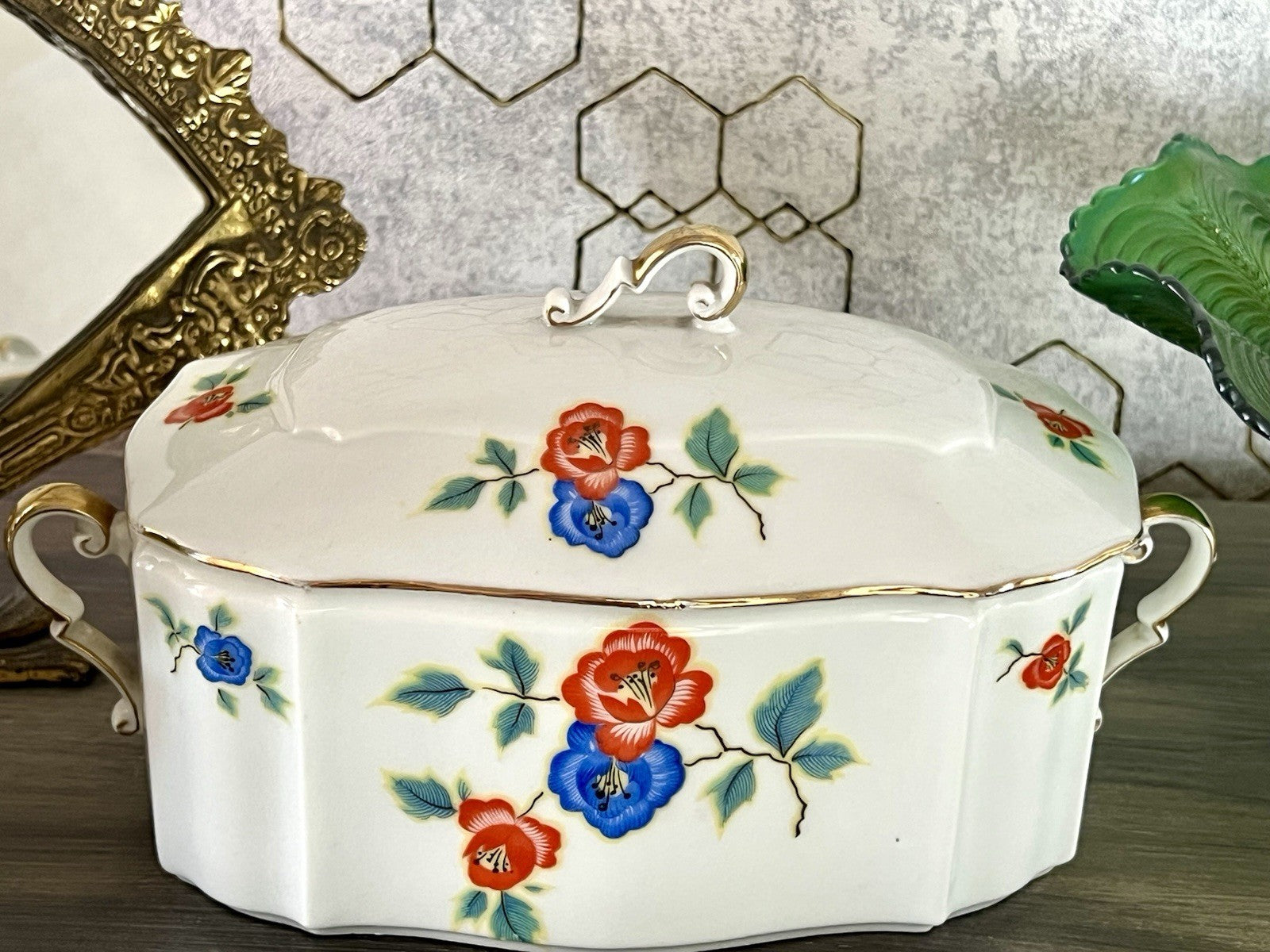 Antik Art Déco Porzellan Dose Deckeldose Schatulle Bonboniere gestempelt R Krone