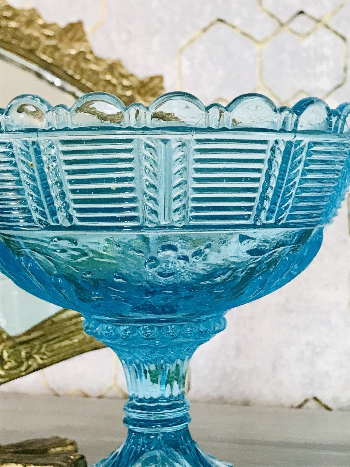 Antik Jugendstil Art Déco Pressglas Glas Fußschale Schale Zuckerschale Blau