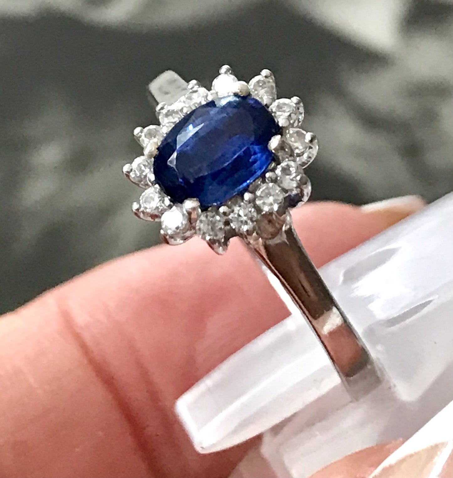 Vintage Entourage Halo Ring farblose Steine & Saphir Silber 925  ~Gr.62 63