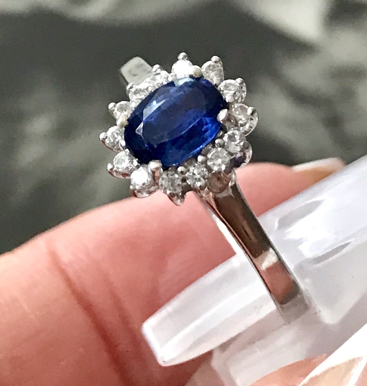 Vintage Entourage Halo Ring farblose Steine & Saphir Silber 925  ~Gr.62 63