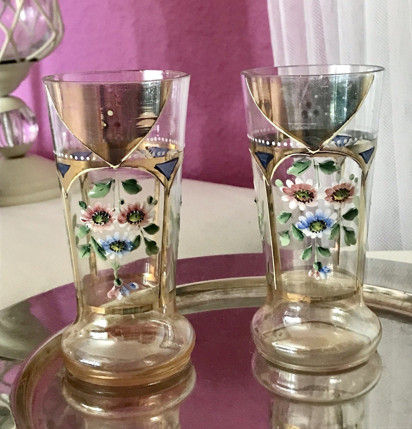 Antik Jugendstil Emaile -Malerei Glas Fußbecher Becher Pokal Bierglas irisierend