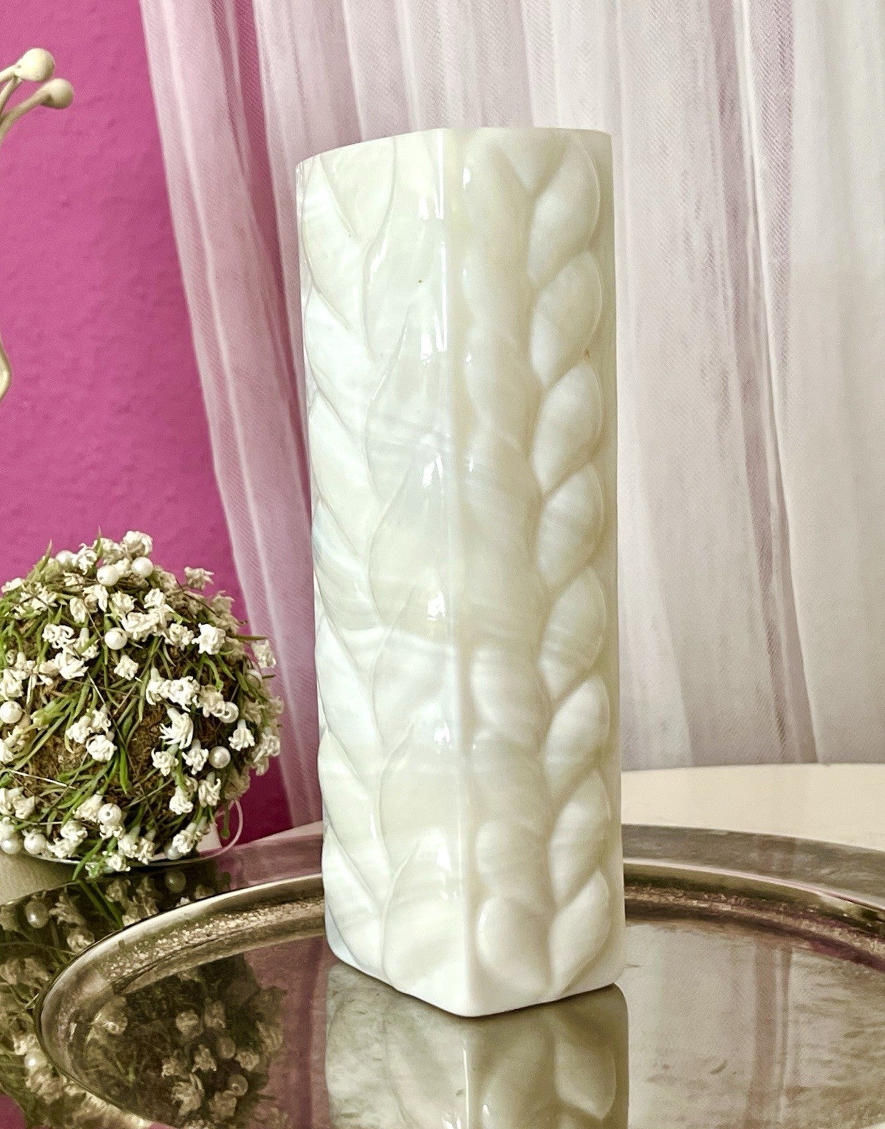 Vintage 60er Jahre MCM Glasvase Vase Glas Design Zopfmuster Blockvase weiß