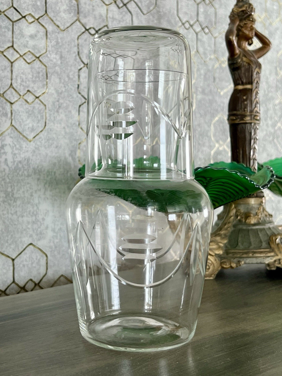 Antik Art Deco Sturzflasche Karaffe Dekanter & Becher Glas geschliffen