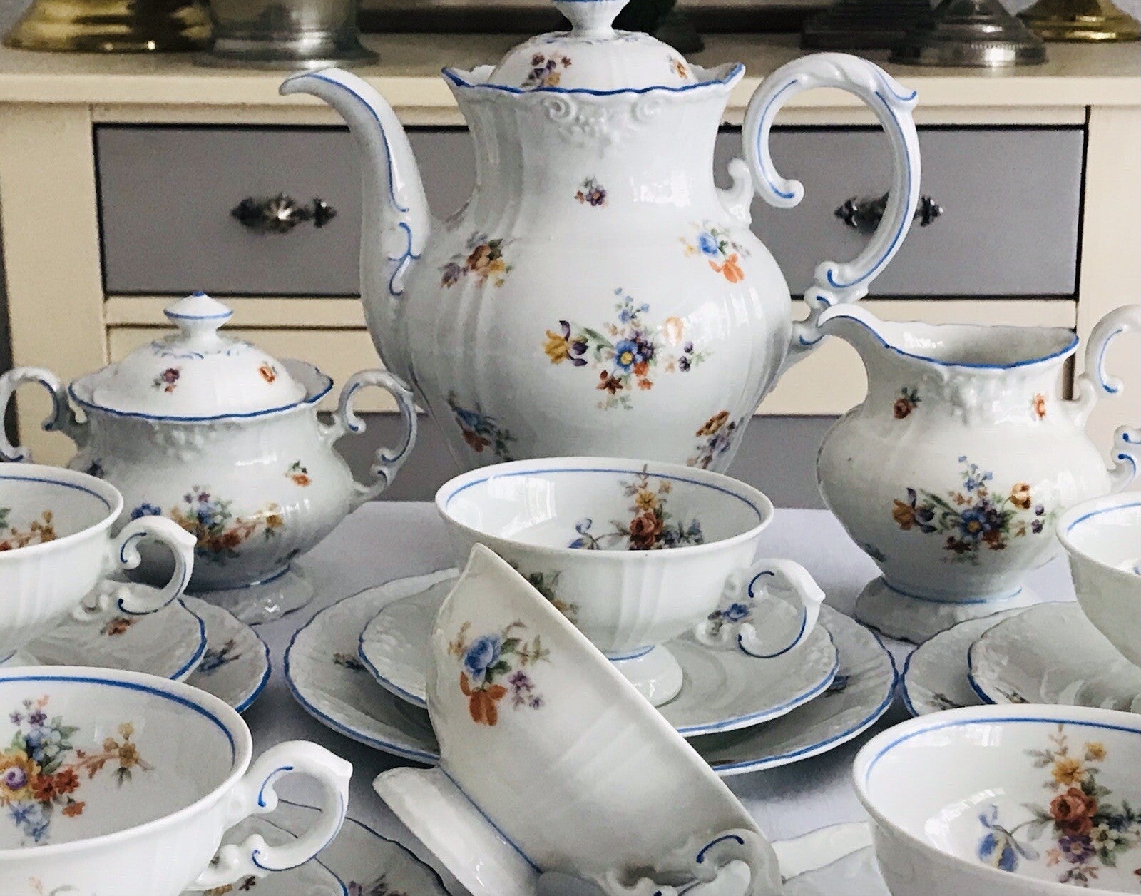 Antik spätes Art Déco Porzellan Kaffeeservice Stadtlengsfeld Rhön 1949-52
