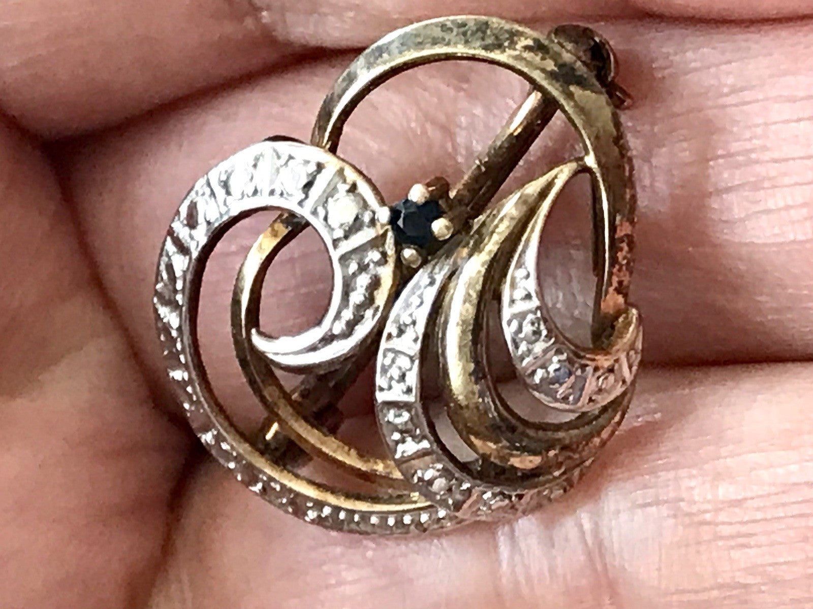 Vintage TeKa Designer Anhänger Brosche Amerik. Doublè vergoldet blauer Stein