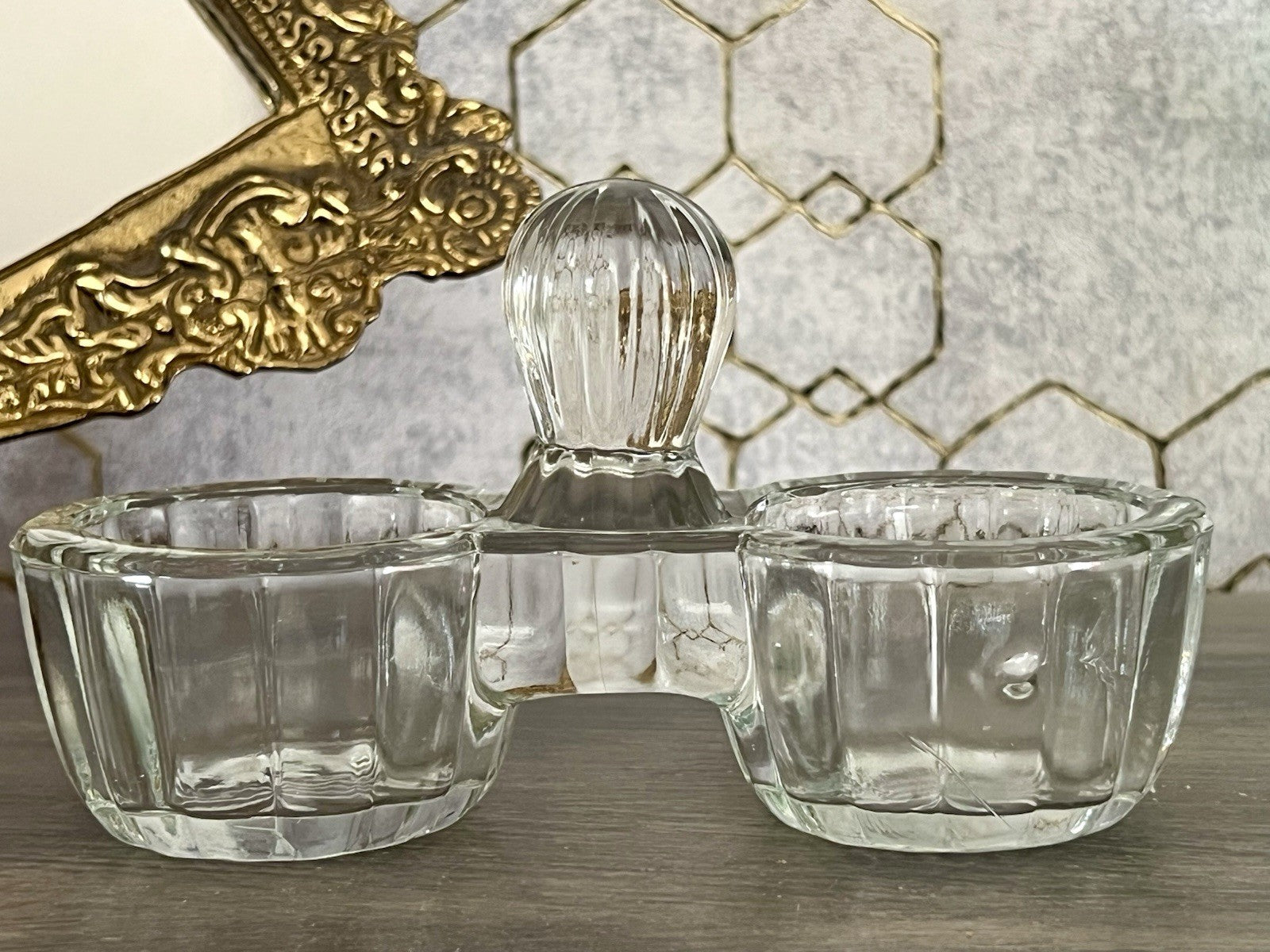 Antik Art Déco Pressglas Salz & Pfeffer Menage Saliere Gewürzständer Glas