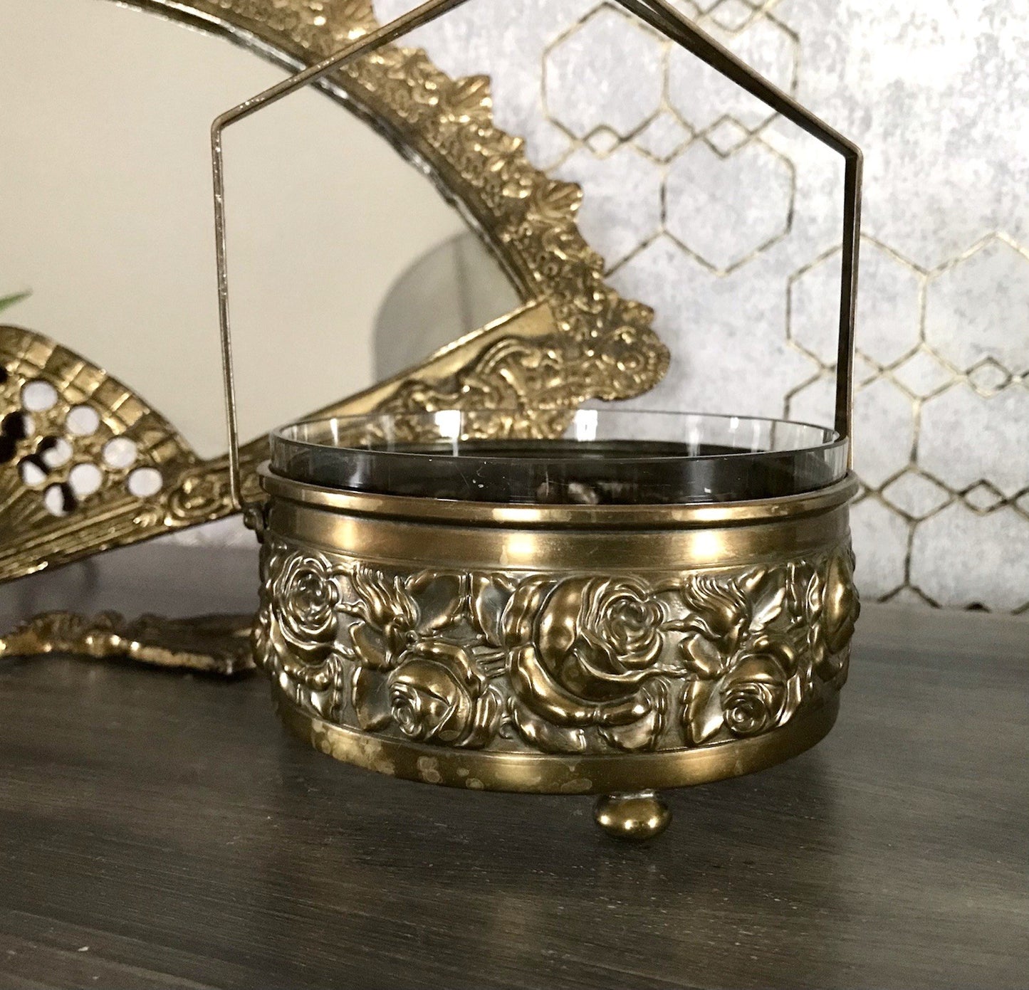 Antik Jugendstil Art  Déco Messing Montur Rosen Schale Bonboniere Glaseinsatz