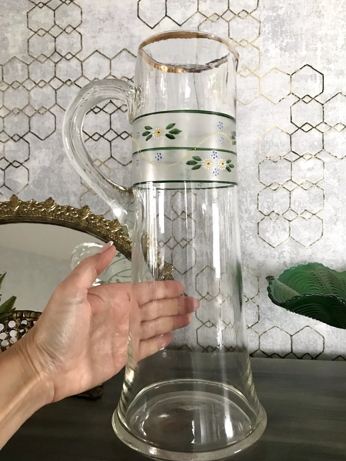 Antik Jugendstil große Karaffe Krug Schankkrug Emaile Golddekor Kanne