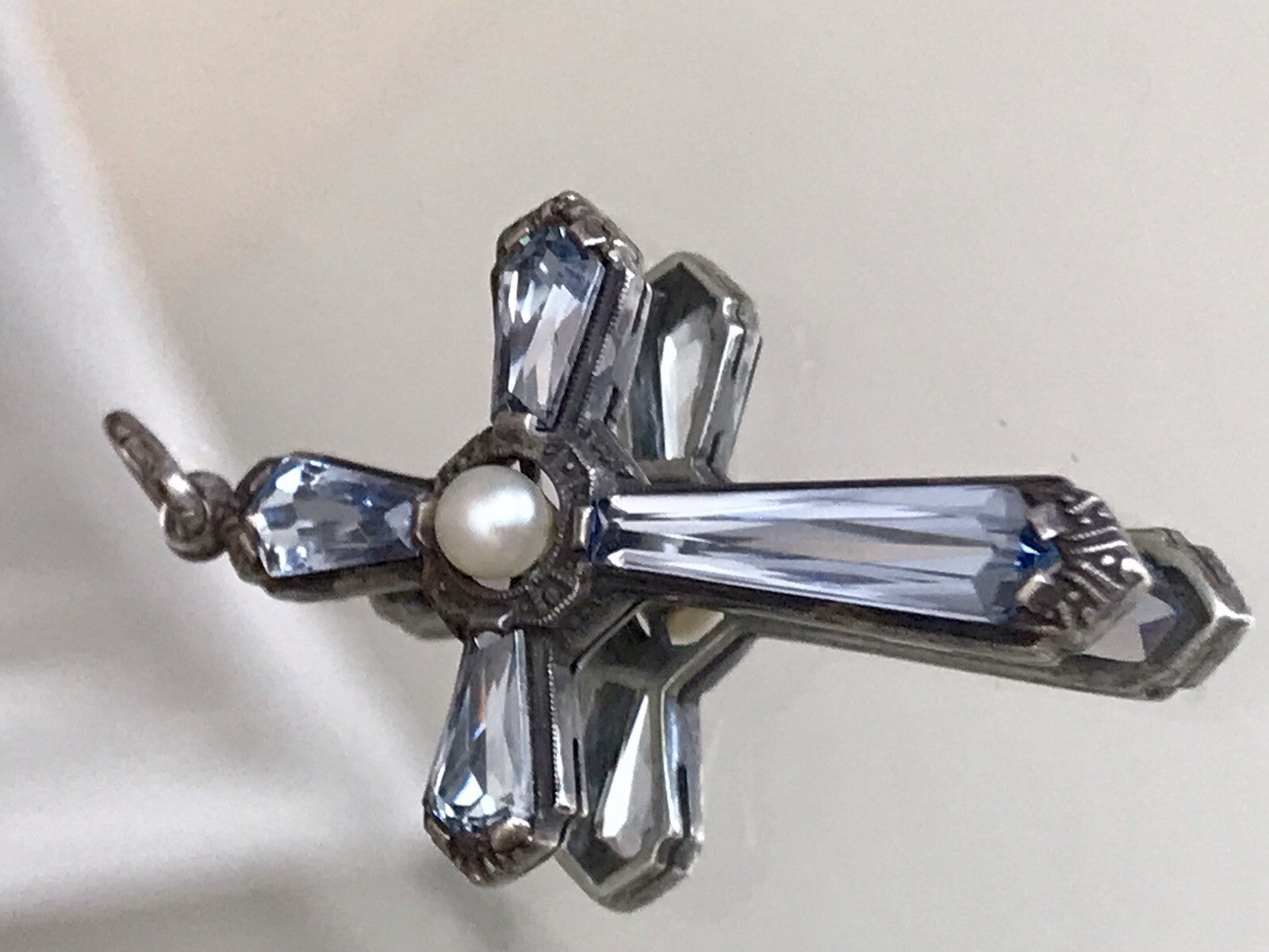 Antik Edel Art Déco Silber Kreuz Anhänger Kettenanhänger blaue Steine Aquamarin?