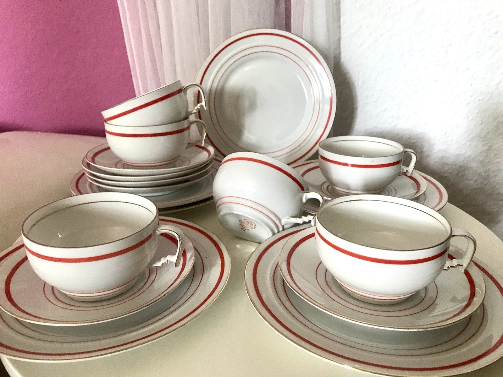 Antik Art Déco Porzellan Kaffeeservice weiß rot orange gemarkt deutsch Bauhaus