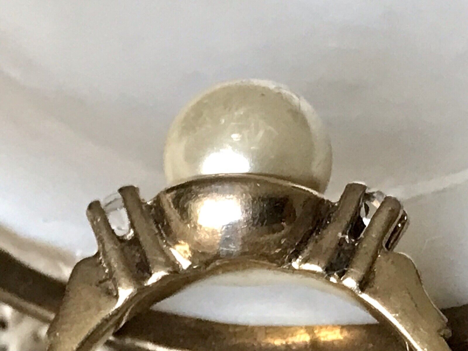 Antik Alt Edel DAMEN RING Silber 925 Perle farblose Steine Gr.58 18,4 vergoldet