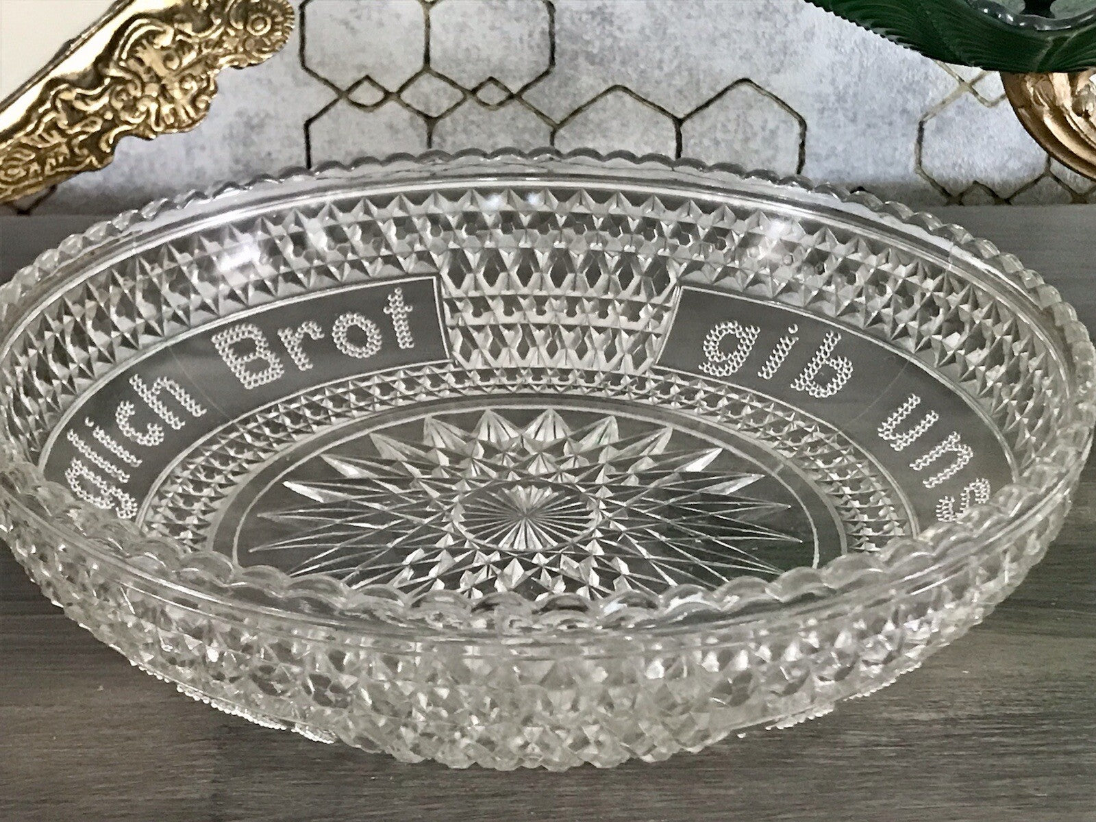 Art Déco Pressglas Schale Antik Brotschale Unser täglich Brot gib uns heute Glas
