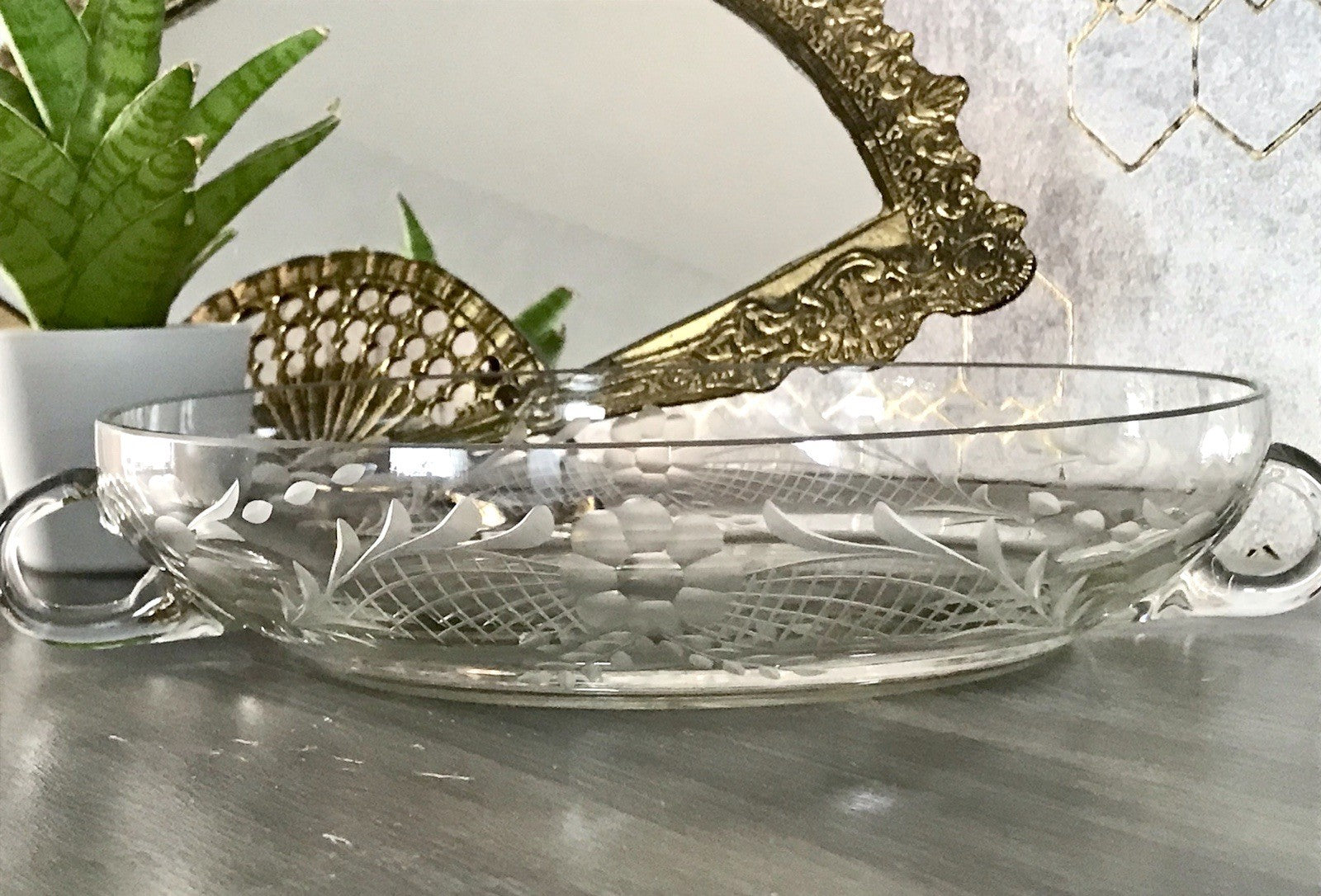 Antik EDEL Art Déco Schale Glasschale mundgeblasen geschliffen mit Henkeln