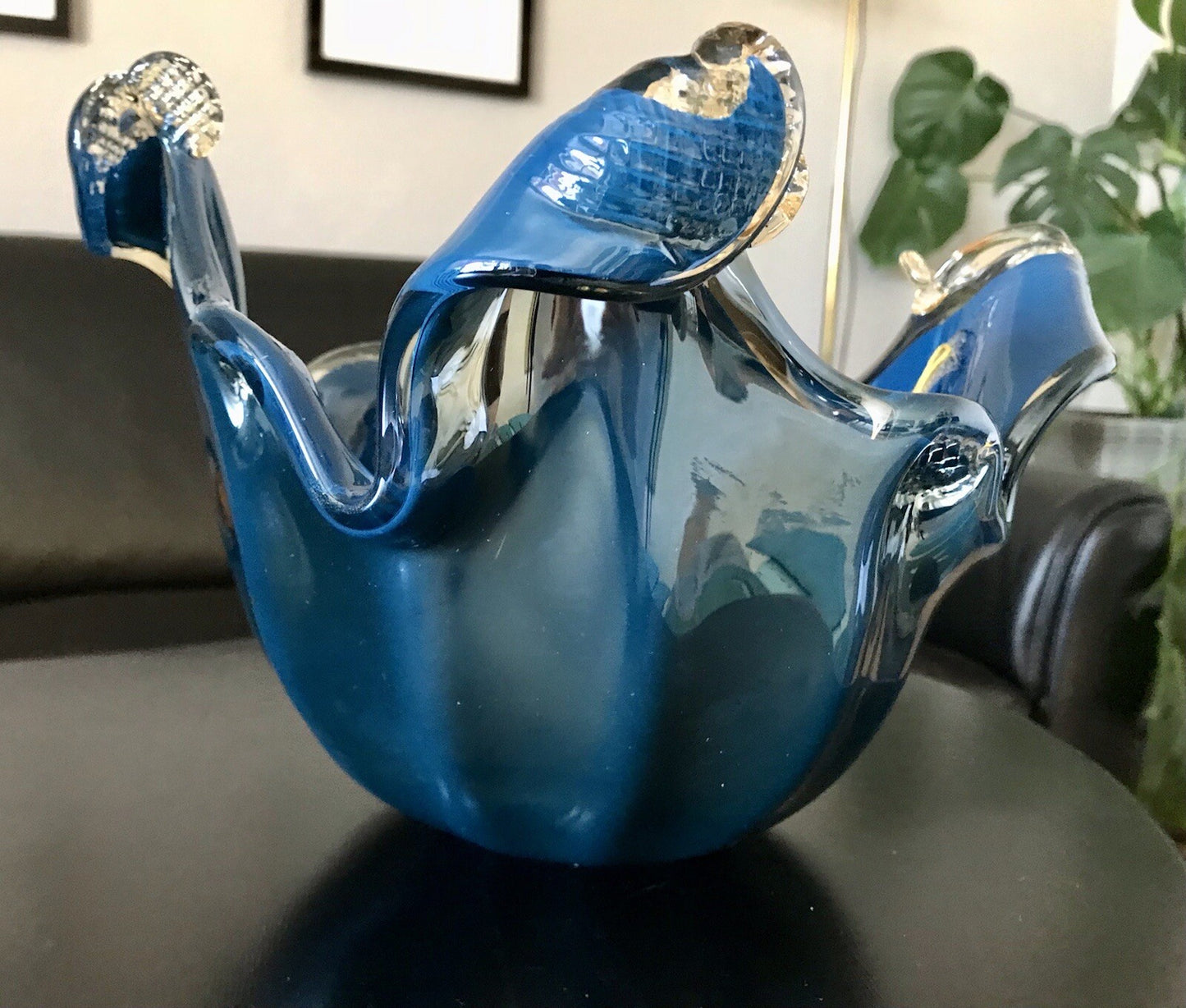 Vintage Murano Schale Vase Glas Petrol Blau metallic irisierend Edel Aufkleber