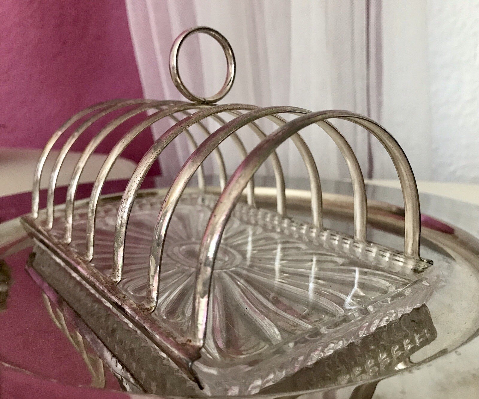 Vintage Toastbrot Ständer Halter versilbert Glaseinsatz Kristallglas 60er Jahre
