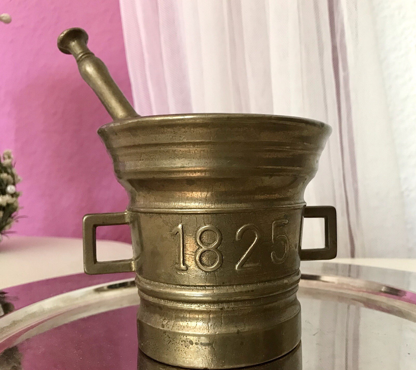 Alt Vintage Messing Mörser mit Pistill Stößel 1825 Replik