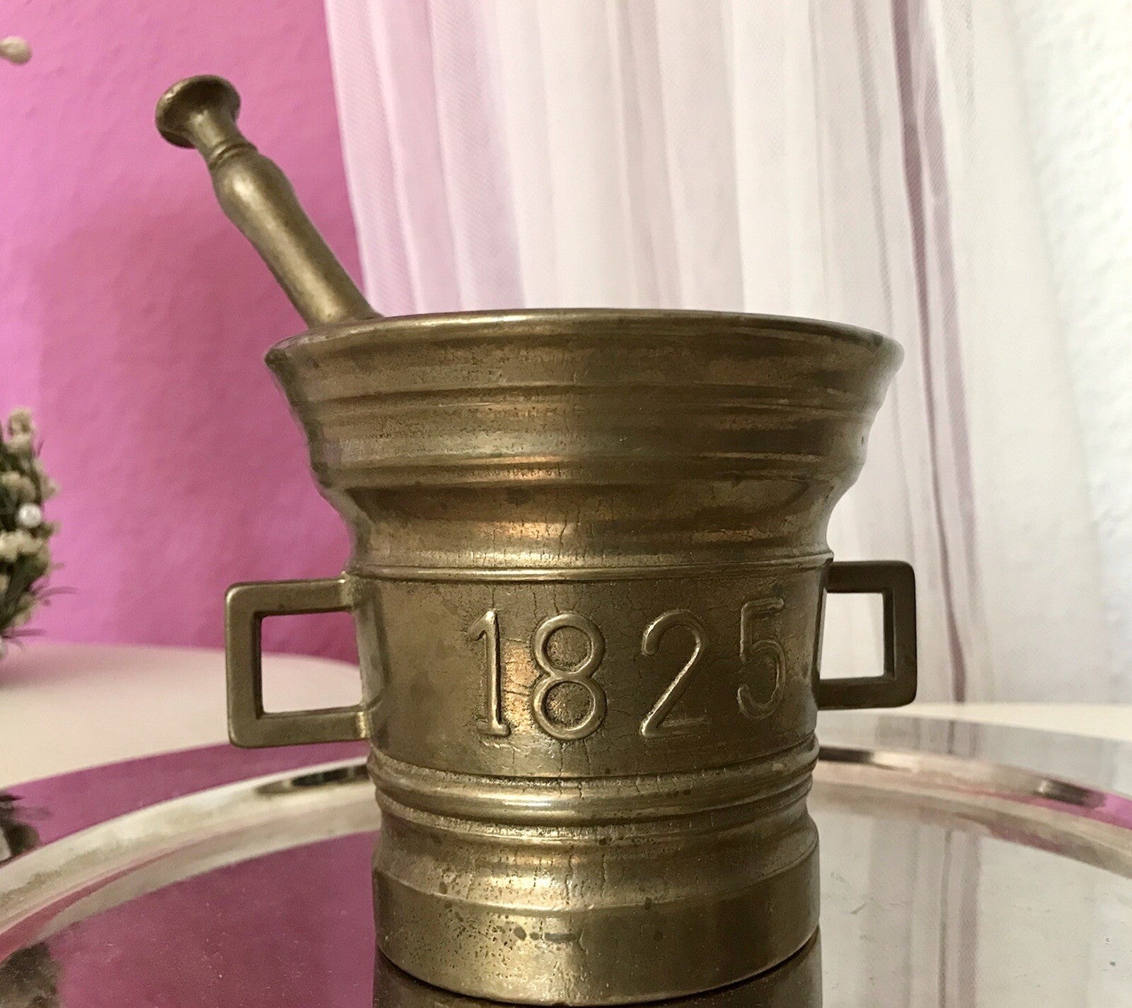 Alt Vintage Messing Mörser mit Pistill Stößel 1825 Replik