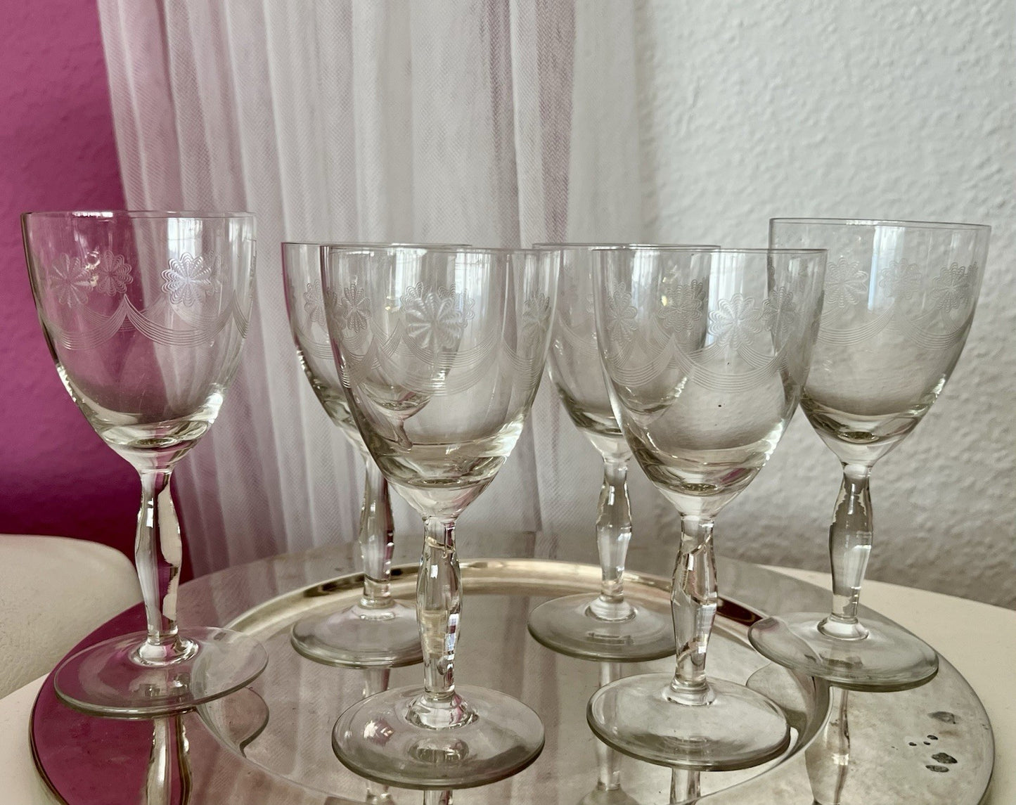 Antik 6 Weingläser Glas So Schön! guillochierte  Borte Edel