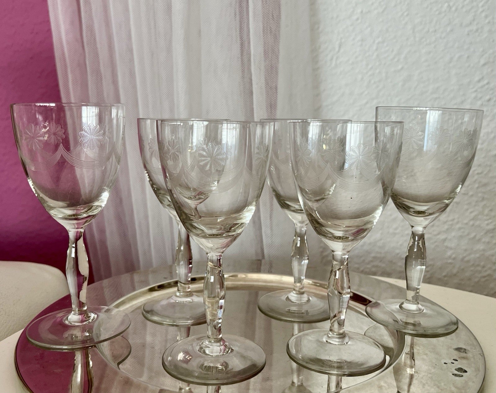 Antik 6 Weingläser Glas So Schön! guillochierte  Borte Edel