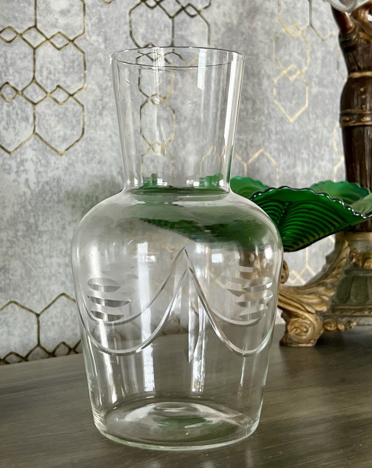 Antik Art Deco Sturzflasche Karaffe Dekanter & Becher Glas geschliffen