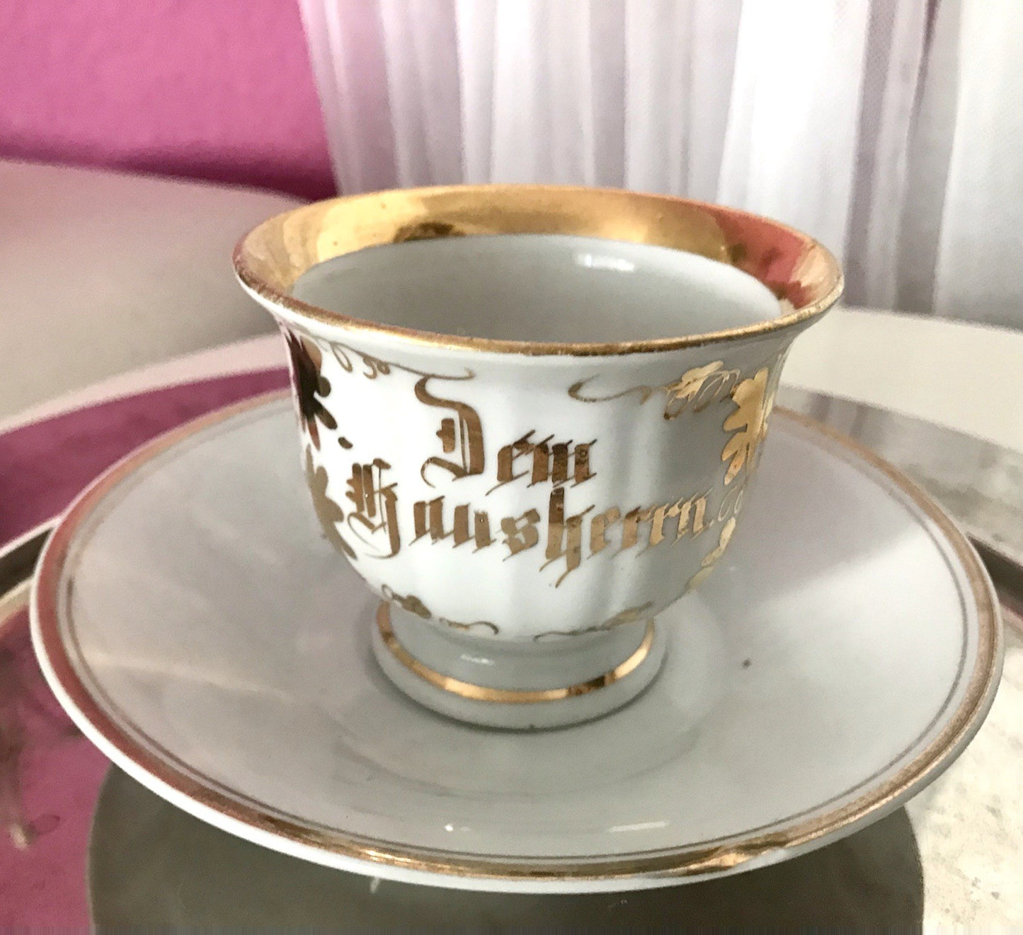 Antik Porzellan Andenken Becher Gedeck Sammeltasse Tasse „Dem Hausherrn“