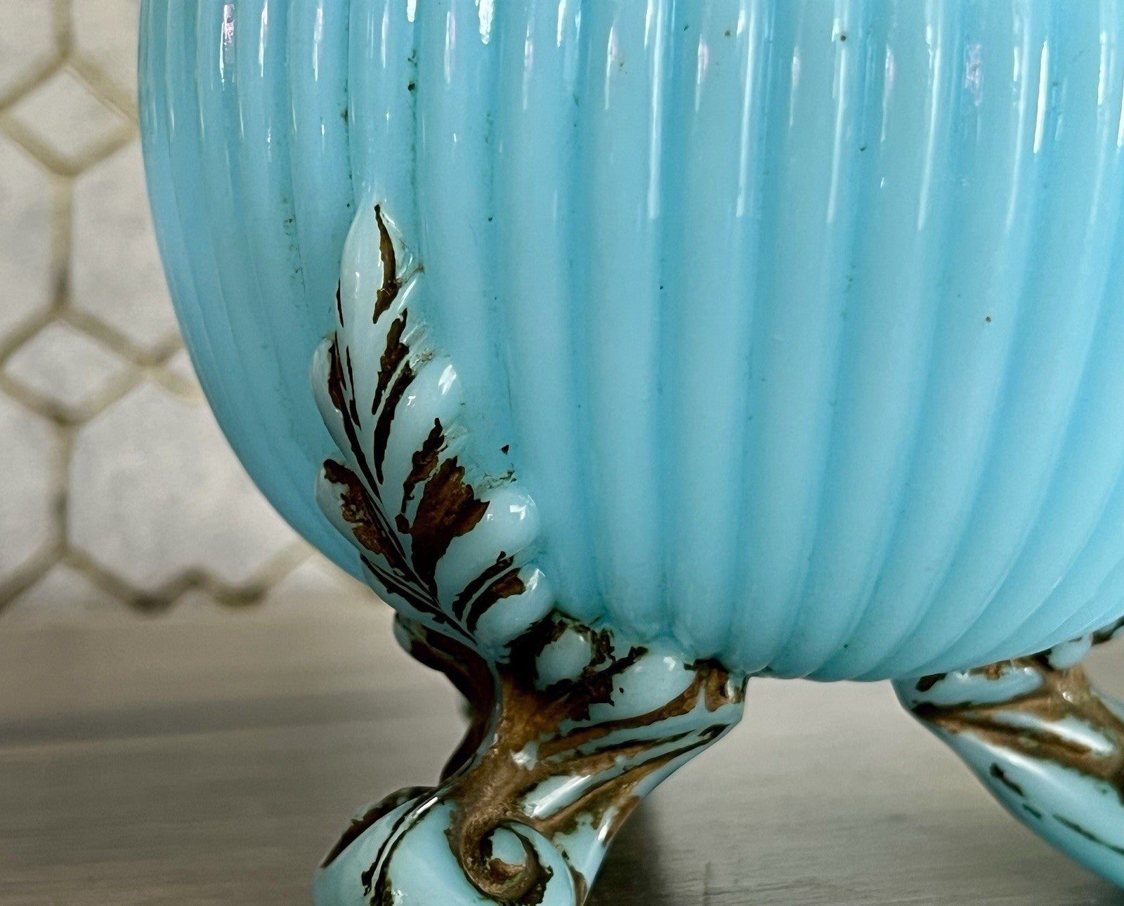 Antik Jugendstil Glasdose Kugel Dose Opalglas Deckeldose blau Pressglas SCHÖN!