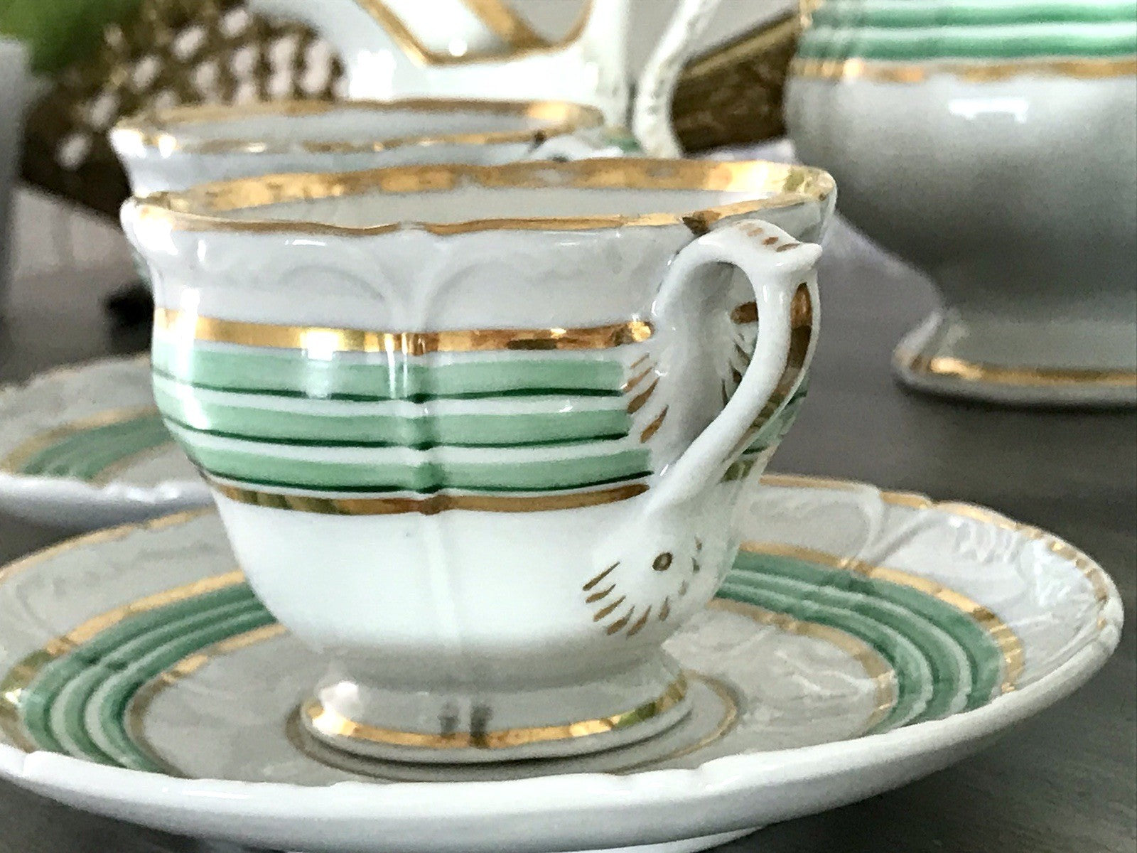 Antik Historismus Porzellan Kaffeeservice Mokkaservice weiß grün Schumann Moabit