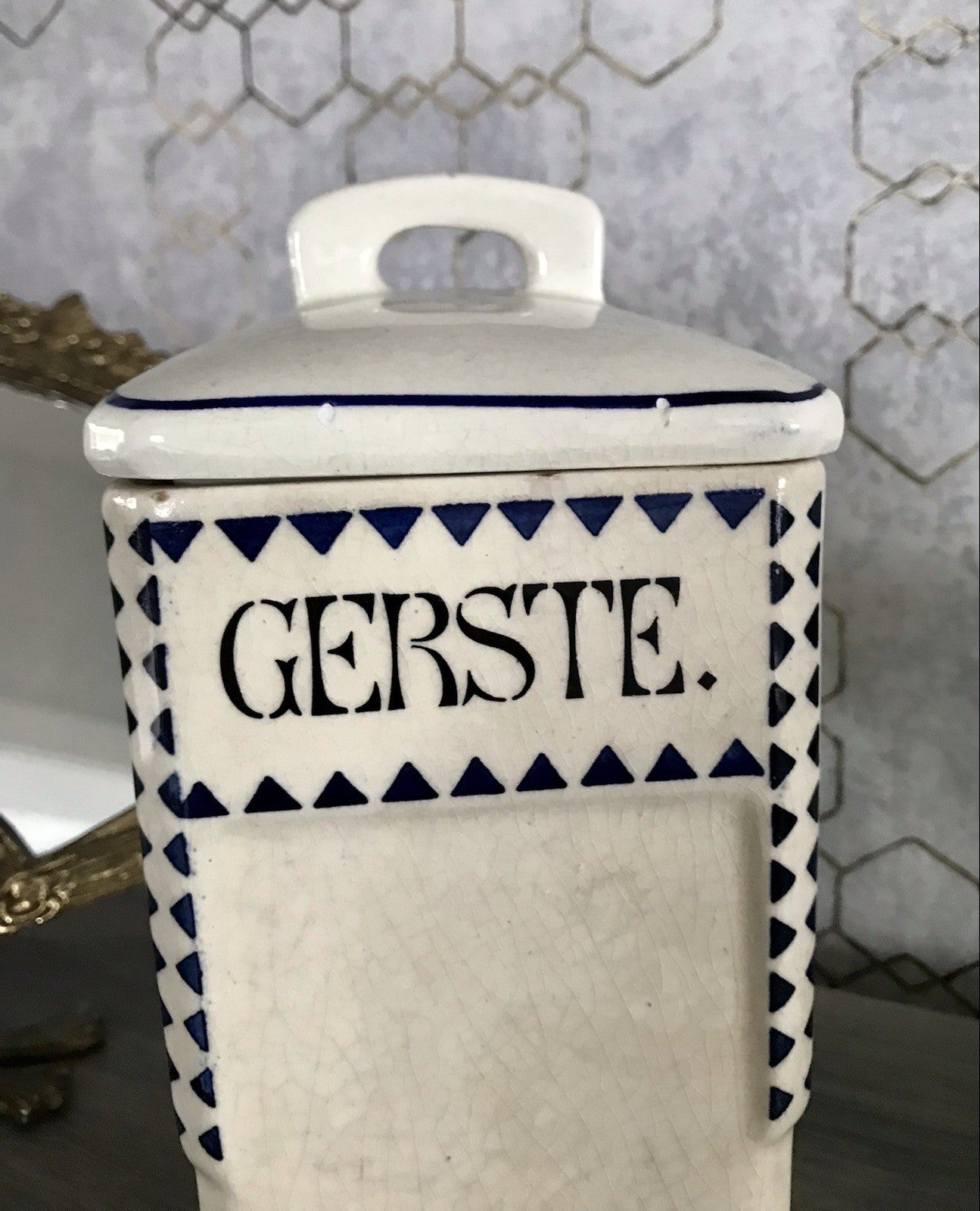 Antik Jugendstil Vorratsgefäß Gerste Gefäß Vorratsdose Porzellan creme blau