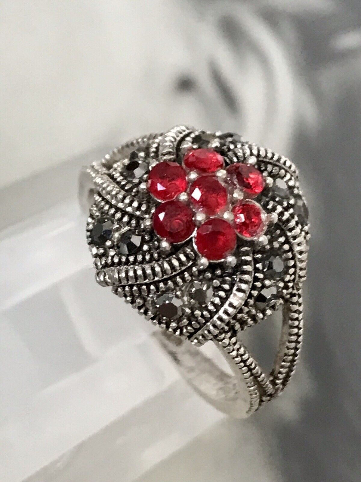 Alt antikisiert Damen Ring Silber 925 SUPER rote Steine Markasite Gr.55