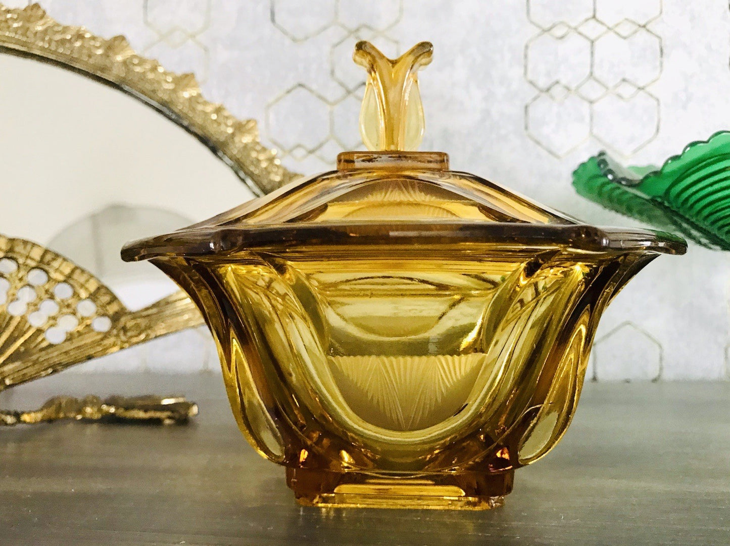 Antik Art Déco Dose Glasdose Pressglas Bernstein Gelb Amber