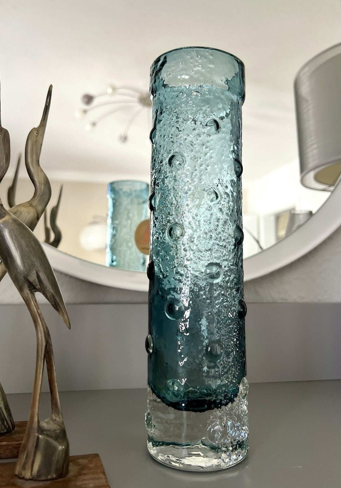 Vintage 60er Riihimäki Lasi Designer Glasvase Vase Glas graublau Finnland Rauch