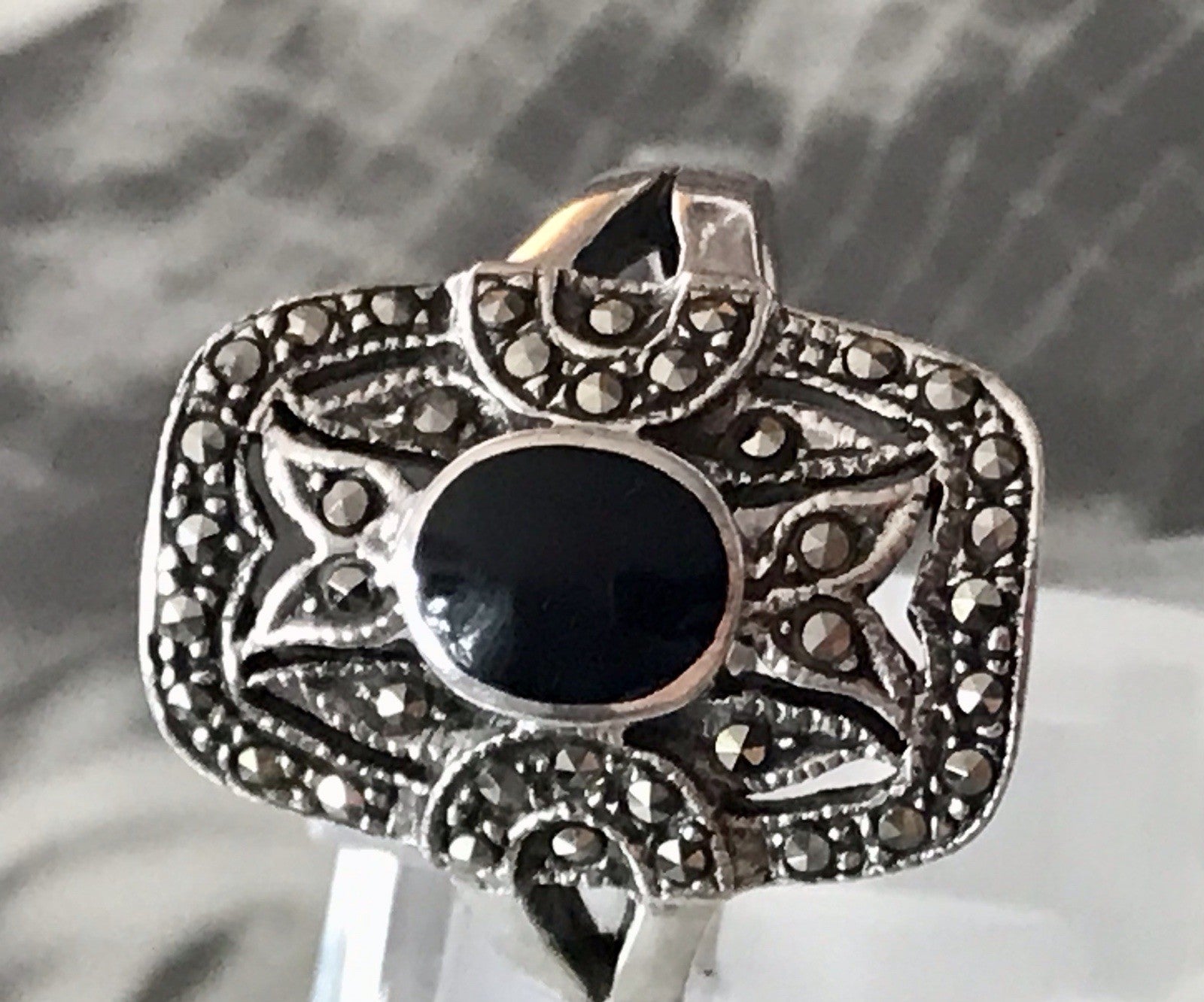 Antik Art Déco Damen Schiffchen Ring 925 Silber Gr.60 Onyx Markasite
