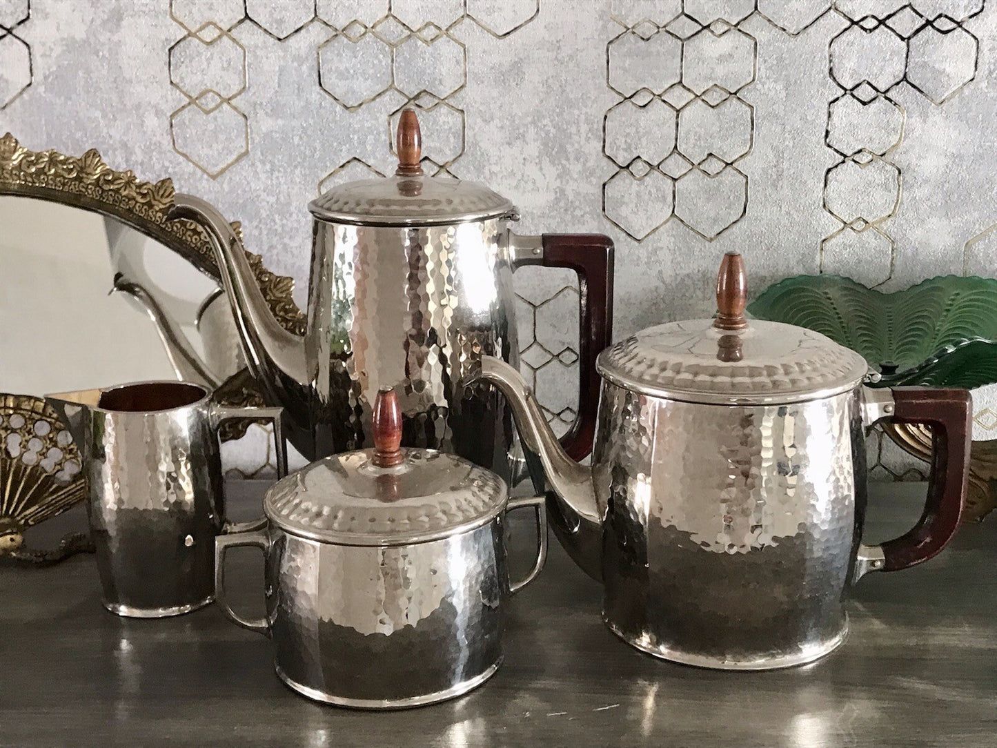 Antik WMF Jugendstil Kaffee Kernstück Zuckerdose Rahmgießer 2 Kanne Hammerschlag