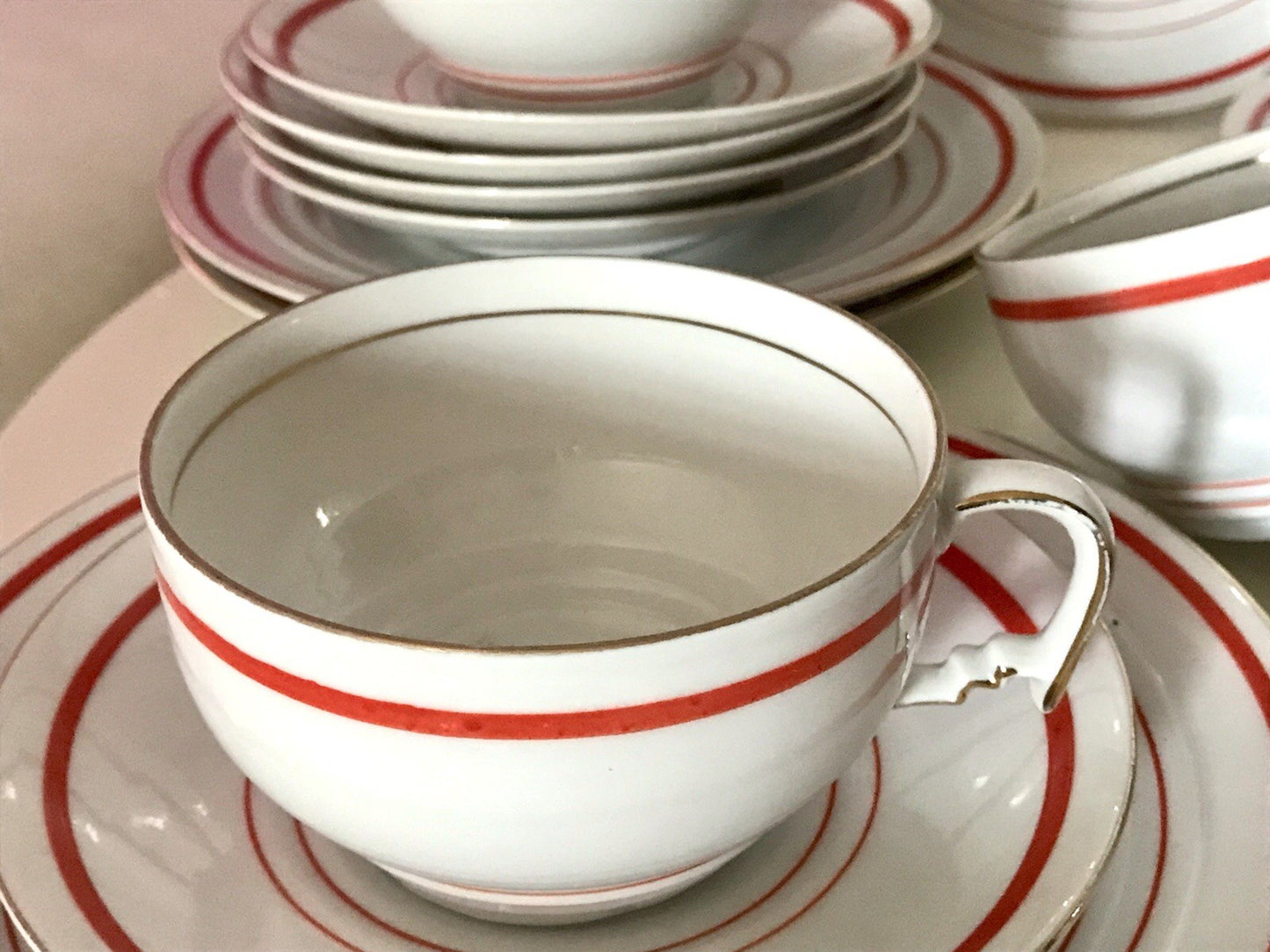 Antik Art Déco Porzellan Kaffeeservice weiß rot orange gemarkt deutsch Bauhaus