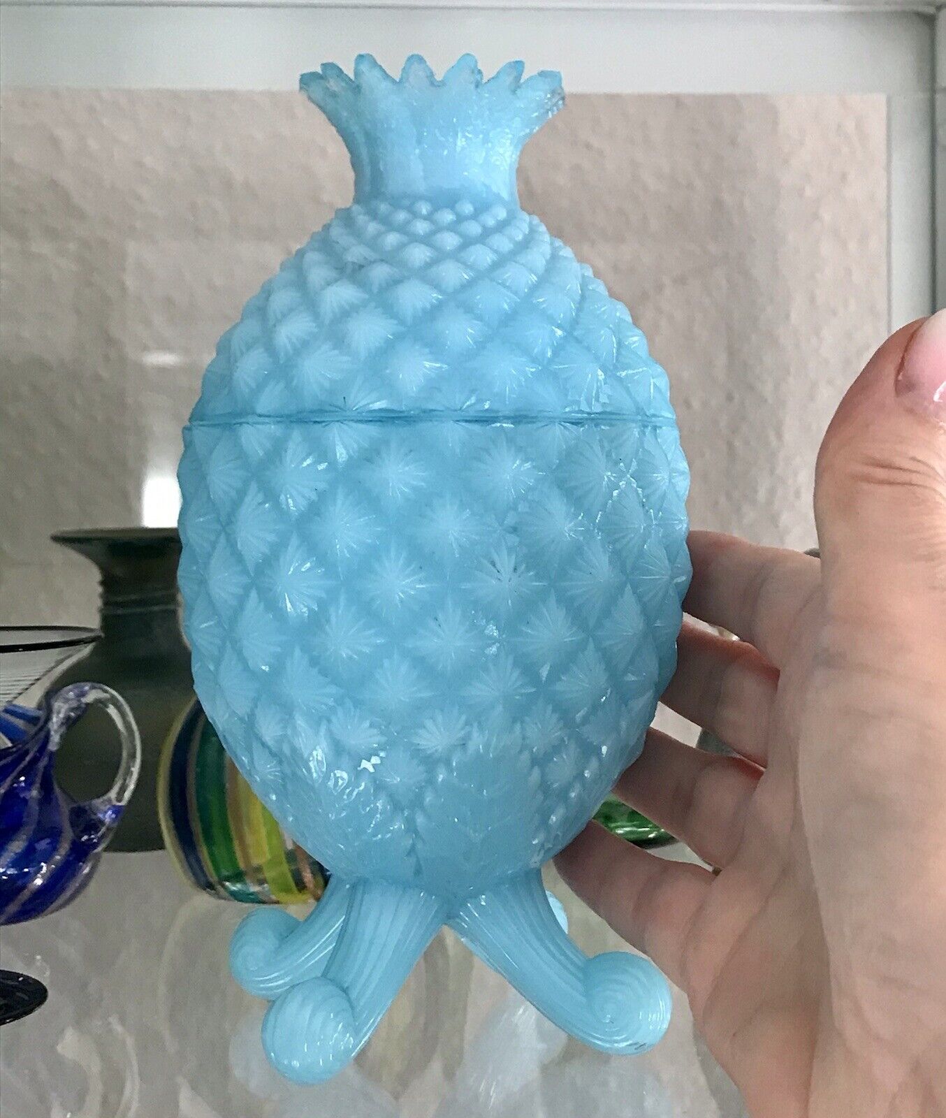 Antik Jugendstil Ananas Glasdose Dose Opalglas Deckeldose blau Pressglas SCHÖN!