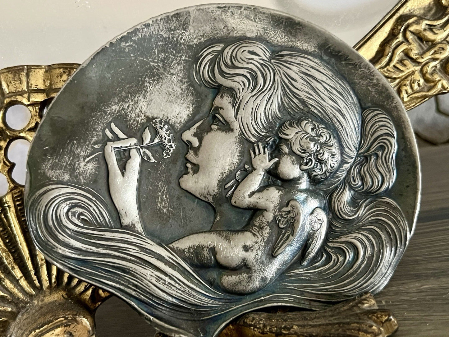 Antik versilbert WMF Schale Schmuckschale Jugendstil ~1900 Motiv: Elfe mur Putto